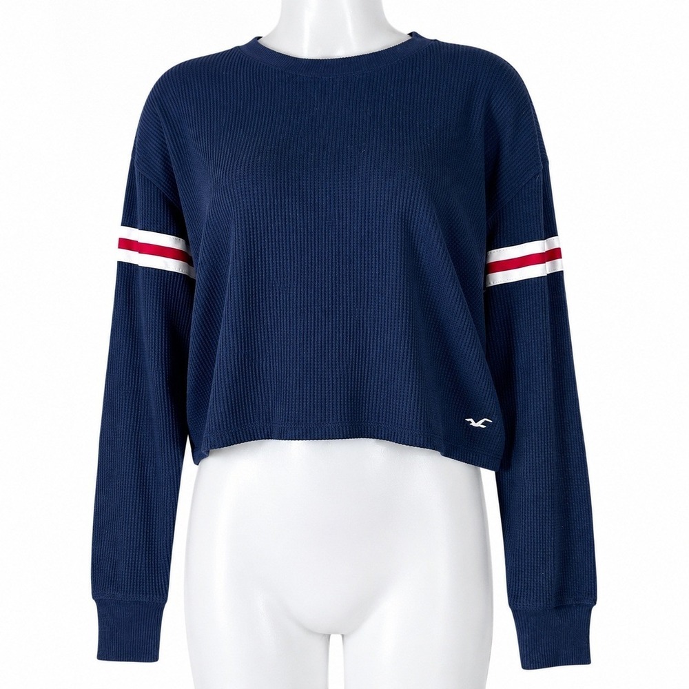 Hollister Waffle Knit Top Womens XS Navy Red White Stripe Oversized Cropped Y2K